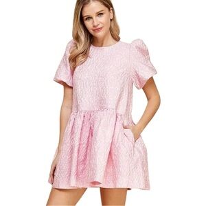 TCEC Baby Pink Textured Mini Dress‎ with Puff Sleeves Florals